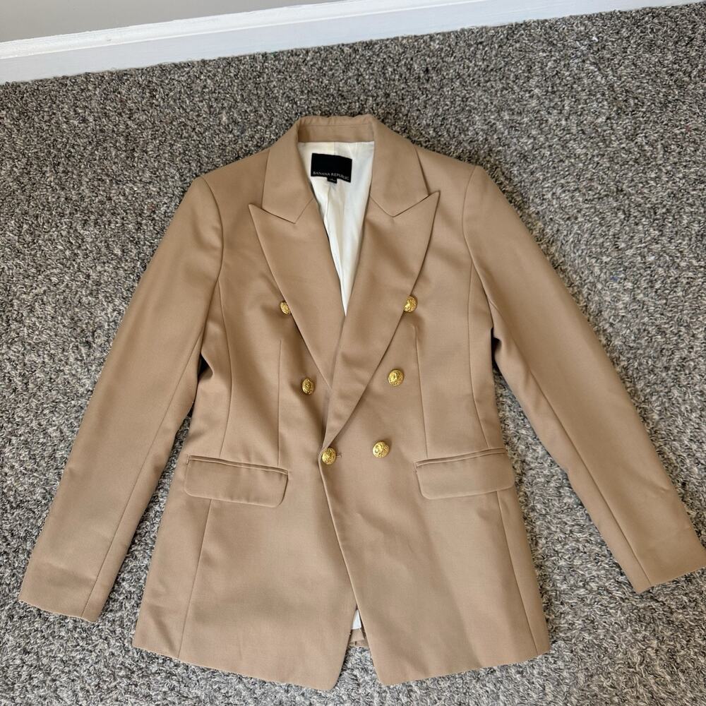 Banana Republic Double Breasted Blazer Womens 6 Gold Button Wool Blend Tan Brown
